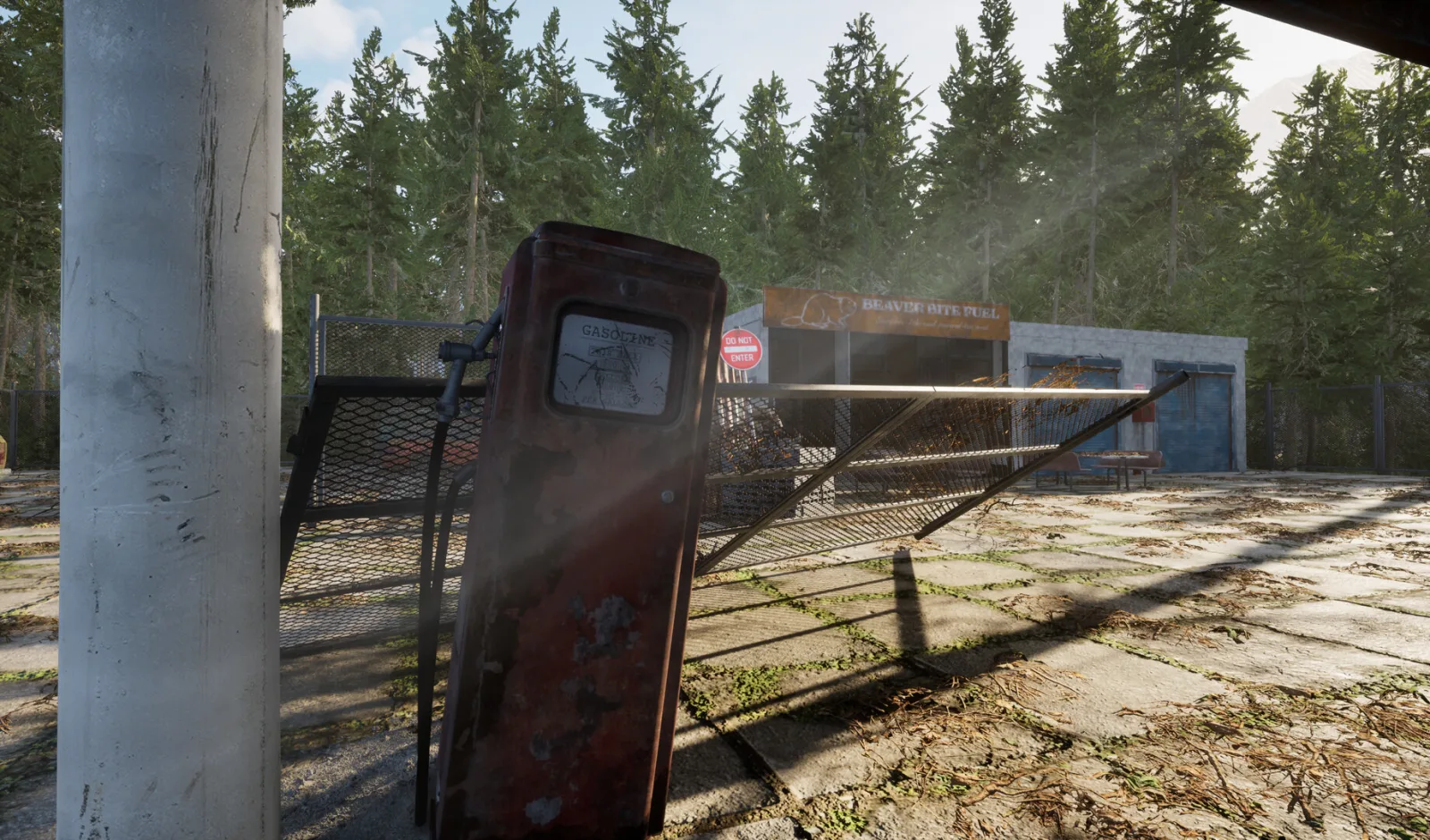 An abandoned Beaver Bite Fuel gas station with a rusted gasoline pump and a fallen gate