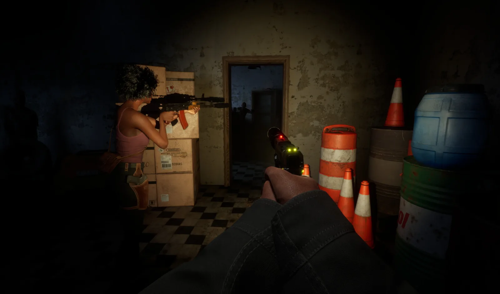 First-person view holding a pistol while a teammate aims a rifle at a figure in a doorway