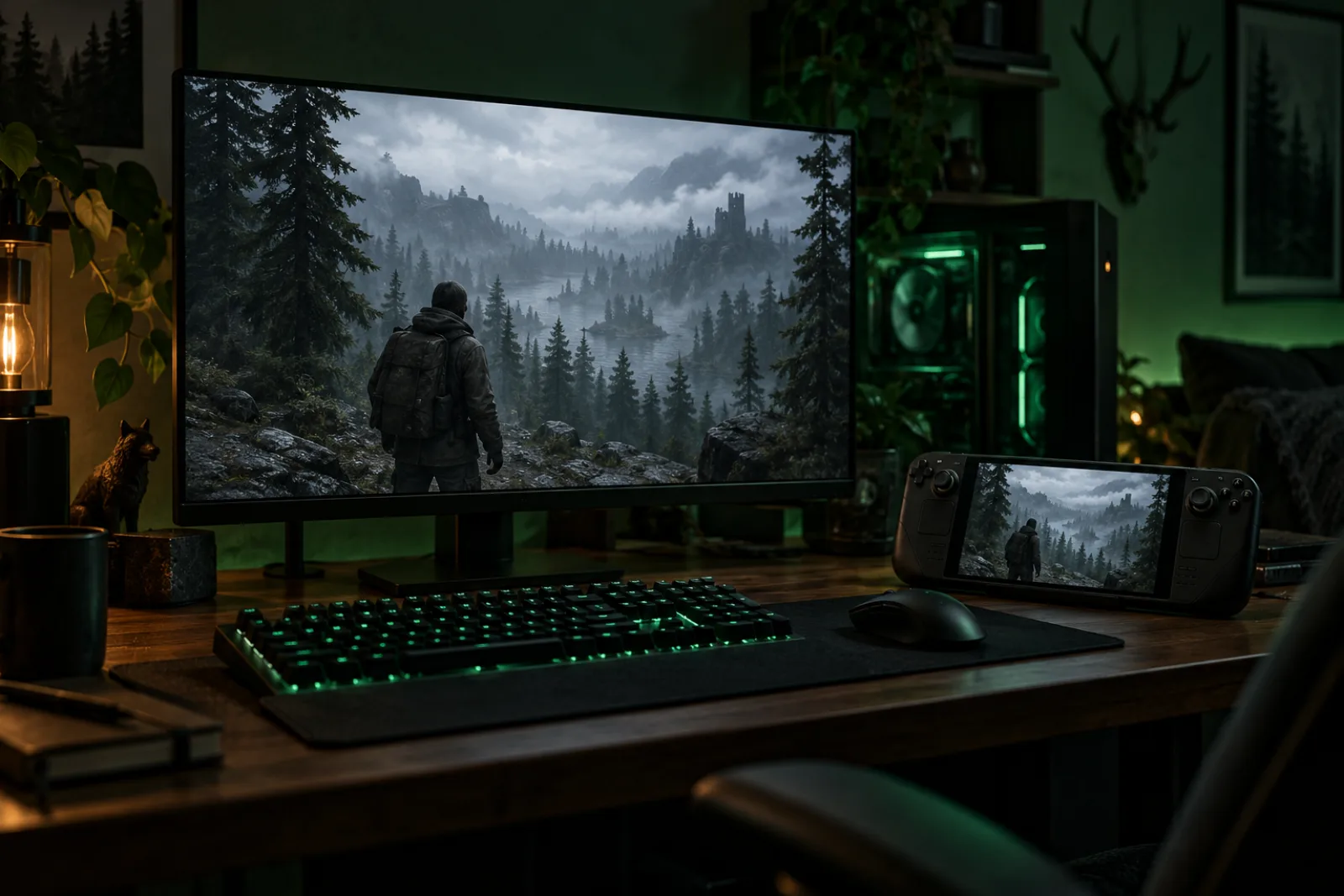 A gaming PC monitor and a handheld gaming device on a desk, both showing a foggy forest survival game