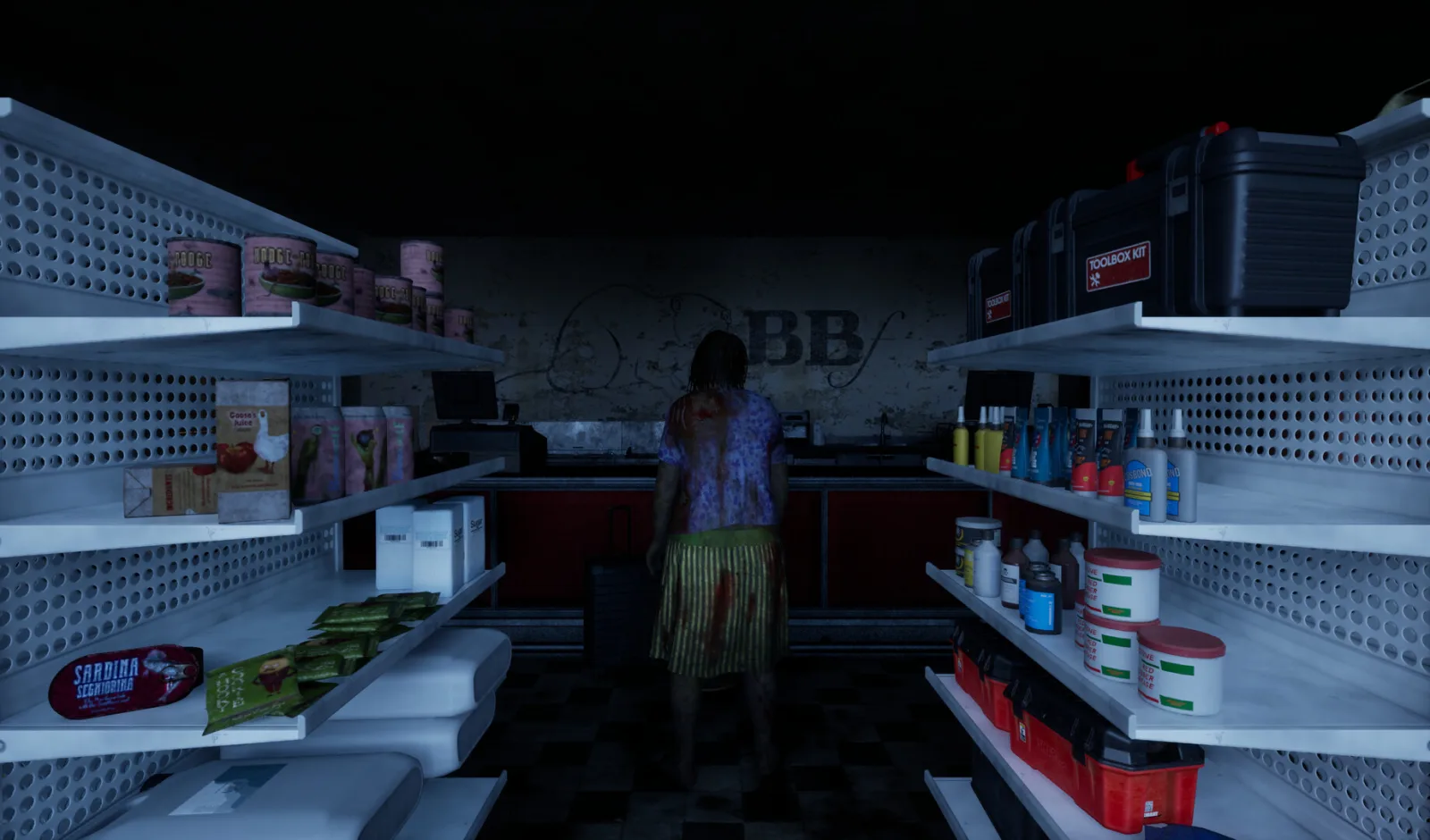 A blood-stained local standing between shelves of canned food in a dark supermarket